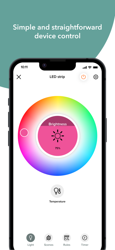 Merkury Smart app interface showing LED strip color wheel and brightness control