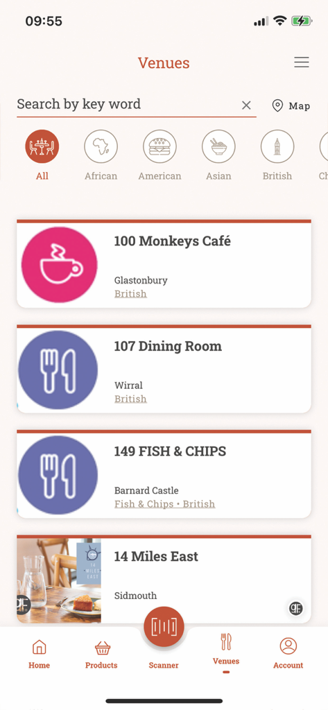 Coeliac UK - Screenshot of the Coeliac UK app venue finder displaying a list of gluten-free accredited restaurants and cafes with category filters.
