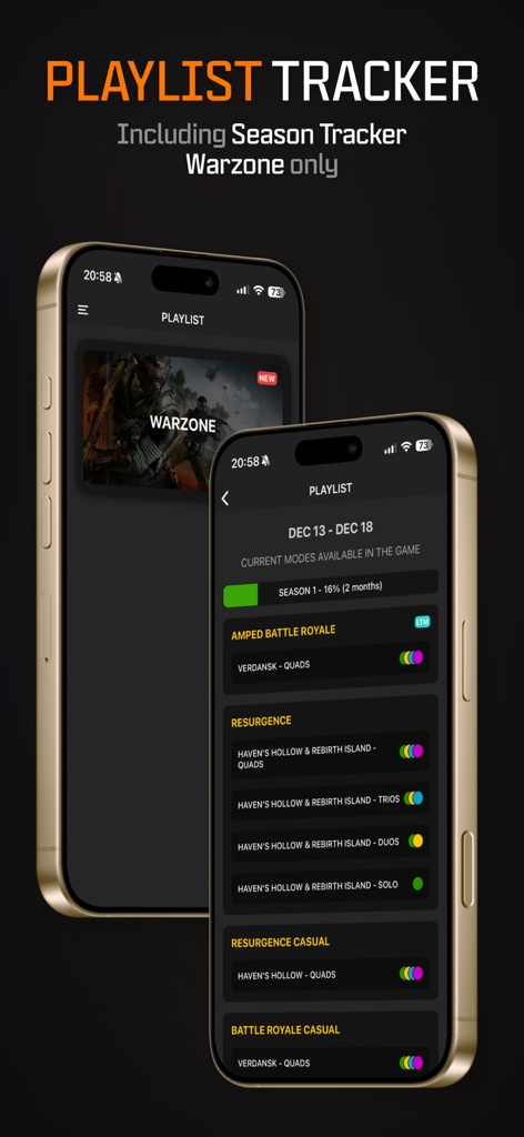 WZHUB app interface showing current Warzone game modes and season progress