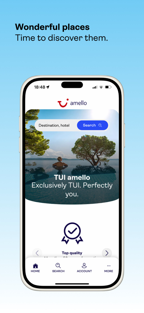 TUI amello - Home screen of the TUI amello app featuring a hotel search bar and a scenic infinity pool view