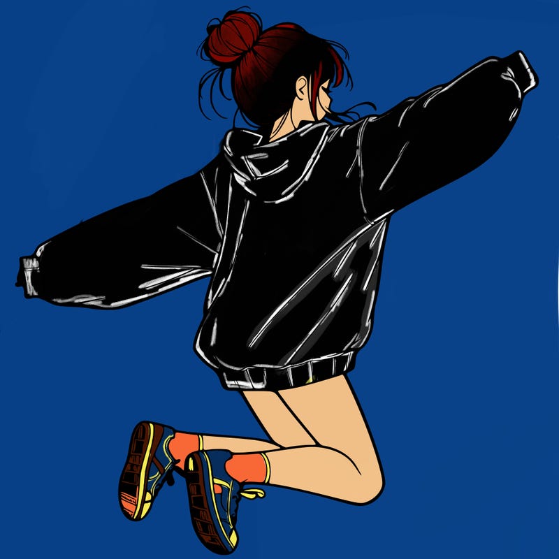 realistic girl jumping with a bun and oversized sweatshirt