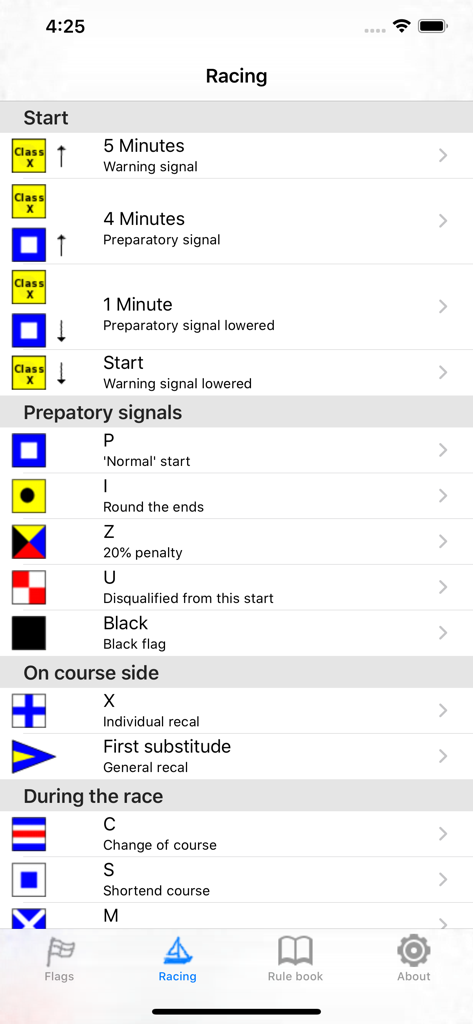 iRegatta Flags - Interfaccia dell'app iRegatta Flags che mostra un elenco di bandiere marittime con i loro significati per partenze e manovre di regata velica.