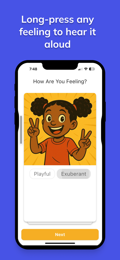 Feelings & Needs: Kids Edition - Screen from Feelings and Needs Kids Edition app showing a cartoon girl and buttons for Playful and Exuberant emotions