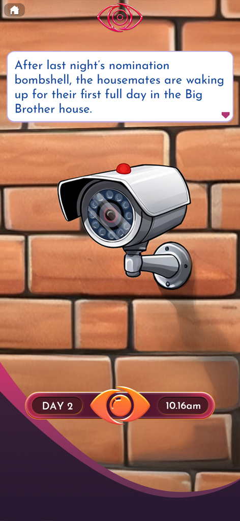 A surveillance camera on a brick wall with a narrative text box describing the first day in the Big Brother house.
