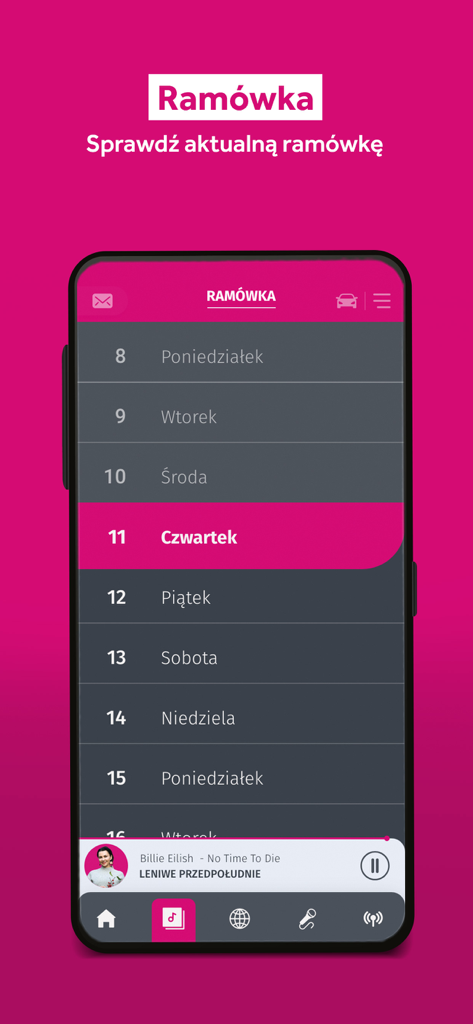 Trójka Polskie Radio - Screenshot of the Trojka Polskie Radio app displaying the weekly programming schedule with Thursday highlighted in pink.