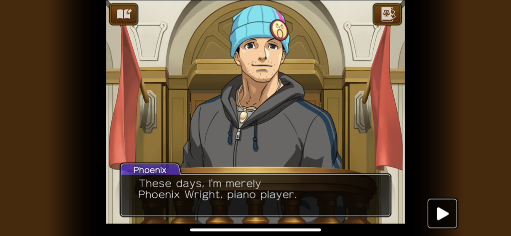 Phoenix Wright in a blue beanie and grey hoodie saying he is a piano player