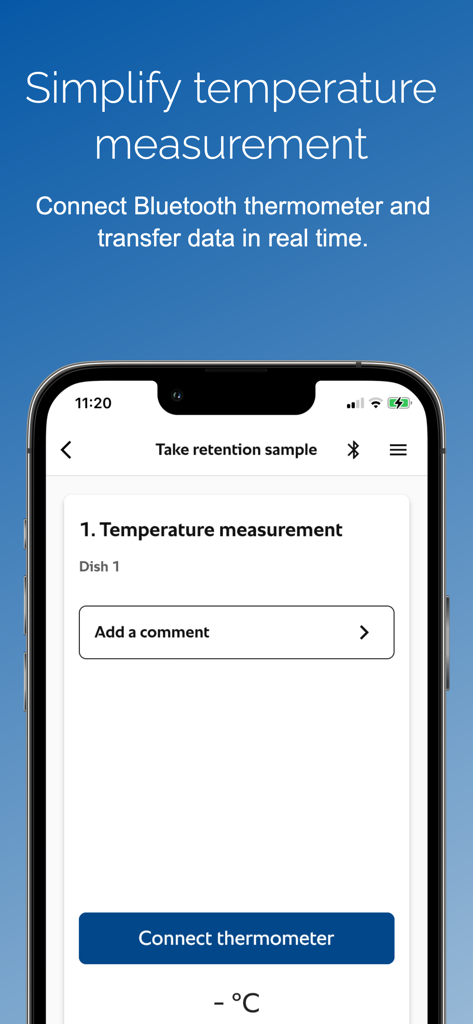 Hygiene Management Pro app interface for connecting a Bluetooth thermometer to record food temperatures.