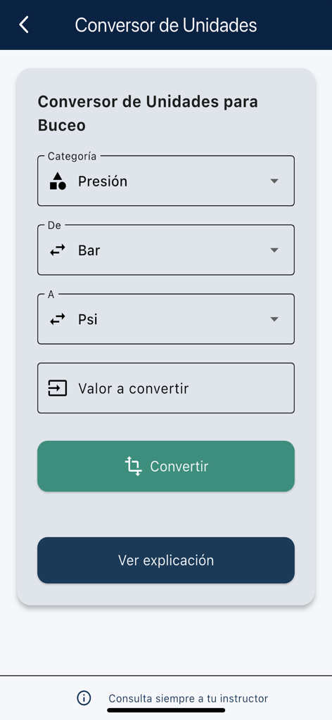 Pantalla del convertidor de unidades de presión en la aplicación Calculadora de Buceo que muestra opciones de Bar y Psi
