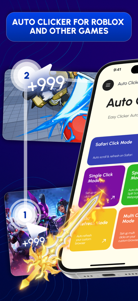 Interfaz de Auto Clicker PRO Tap Assistant mostrando varias funciones de clic automático para juegos móviles y Roblox