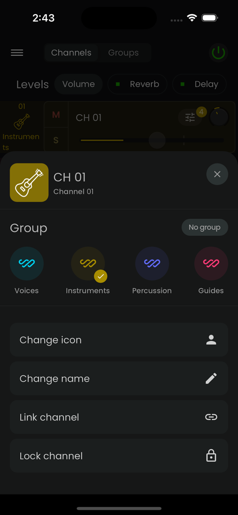 StageWave - Mobile interface of StageWave app showing audio channel settings and grouping options for musicians