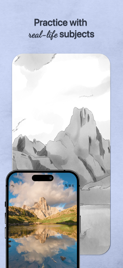 Tayasui Watercolorでデジタルスケッチの参照として使用されている山の写真が表示されているスマートフォン