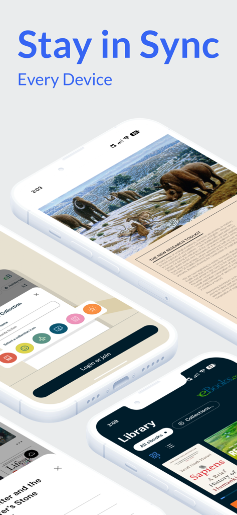 eBooks.com - Interfaccia dell'app mobile eBooks.com che mostra la sincronizzazione dei dispositivi e le raccolte della libreria digitale.