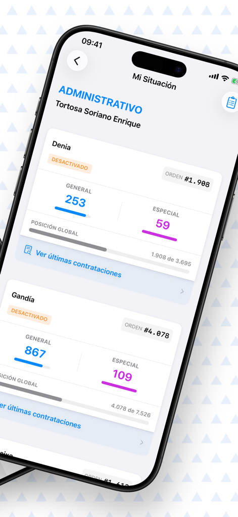 Panel de usuario de la aplicación Bolsa Sanidad GVA mostrando posiciones en la bolsa de empleo para personal administrativo en diferentes regiones