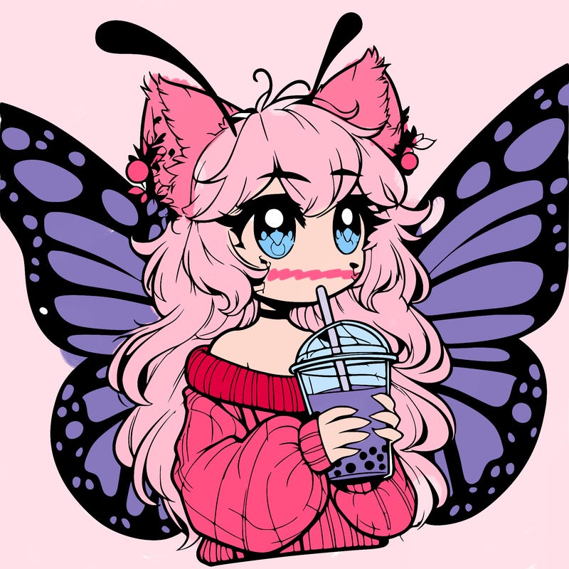a realistic butterfly/furry girl drinking boba