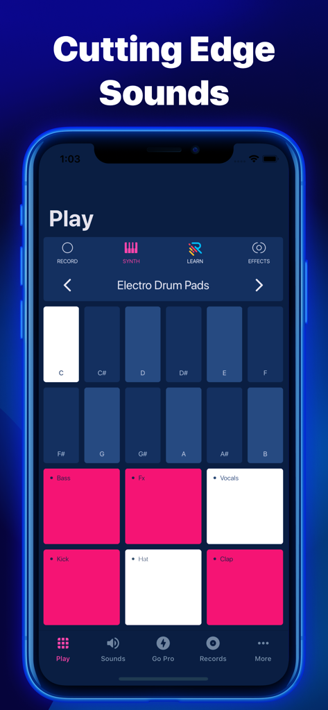 Interfaz de la aplicación Electro by Drum Pads 24 con notas de sintetizador y pads de batería para crear ritmos EDM