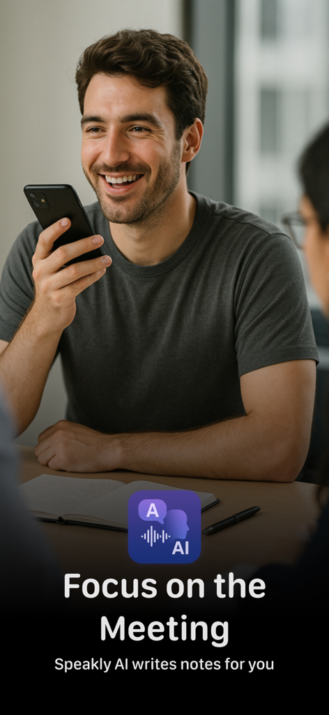 Un hombre sonriendo mientras graba una reunión con la aplicación de voz a texto Speakly AI en su smartphone