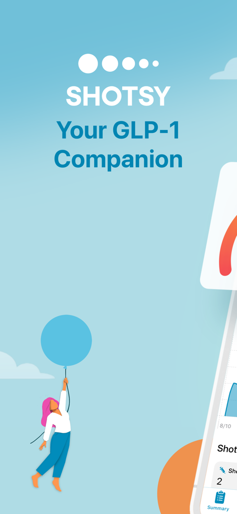 Shotsy GLP-1トラッカーアプリの紹介画面。女性が風船を持ち、「あなたのGLP-1コンパニオン」というテキストが表示されています。
