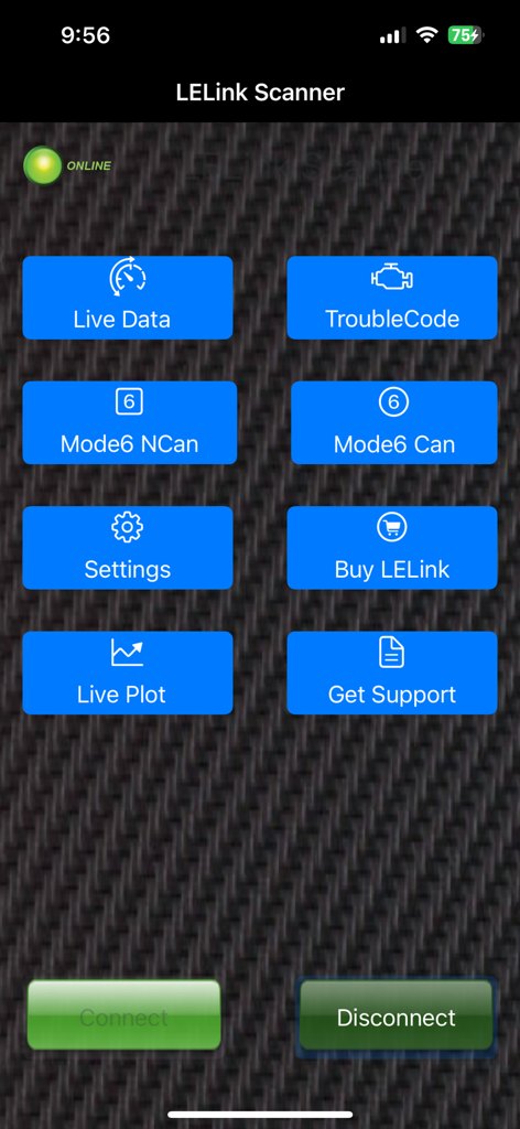 LELink Scanner - Main dashboard of the LELink Scanner app showing buttons for Live Data Trouble Code and Mode 6 diagnostics over a carbon fiber background
