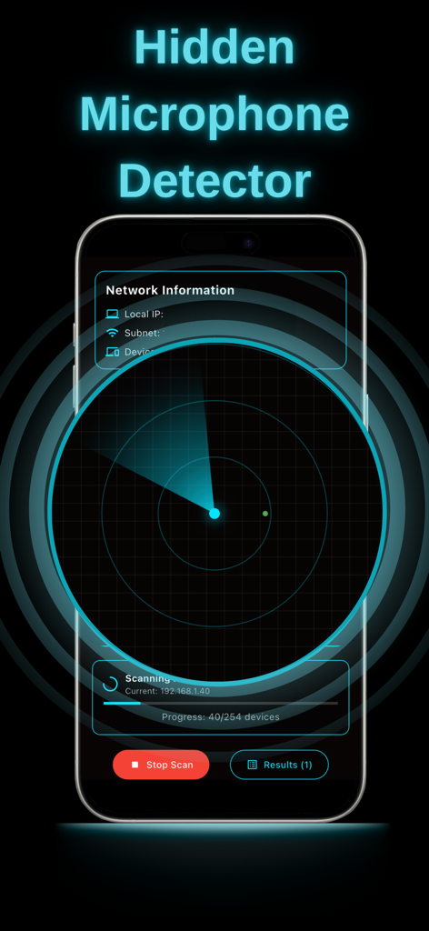 Hidden Microphone Detector SM - Interface of the SpyMic app showing a network radar scan to detect hidden microphones