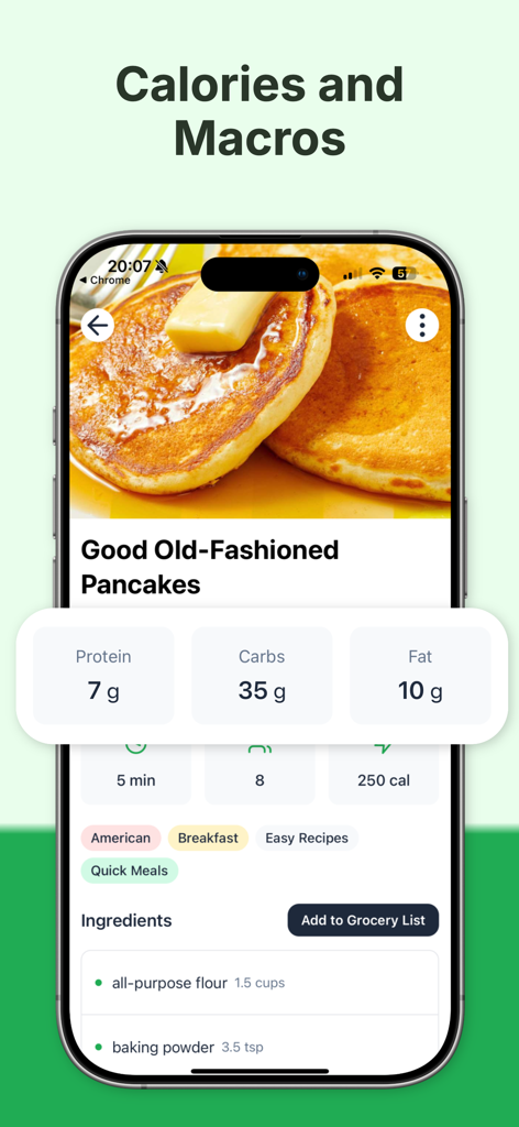 Nutritional information and macro tracking for a pancake recipe in the Recipe One app