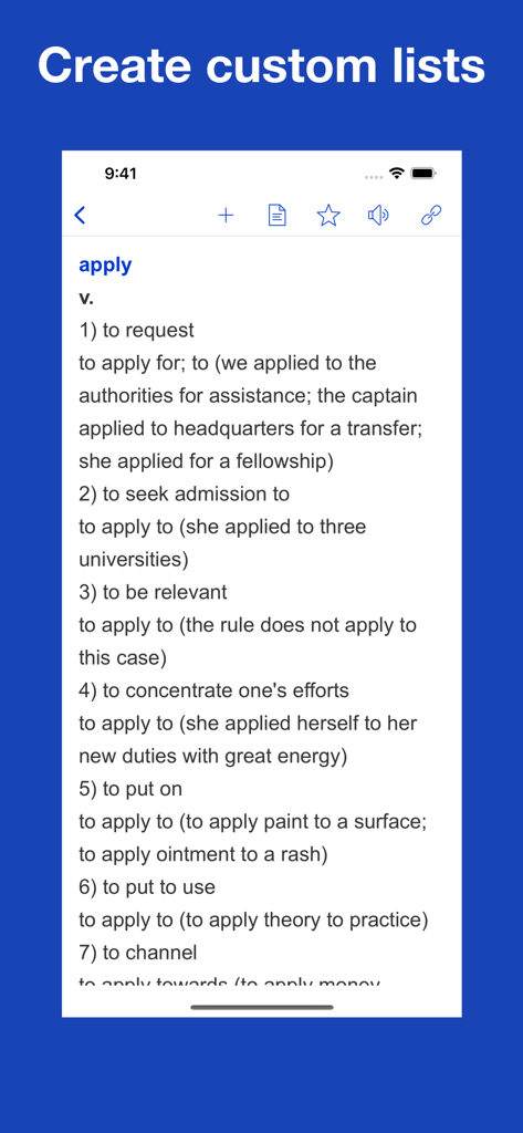 Interface of the Mastering English Collocation app showing detailed definitions and usage examples for the verb apply