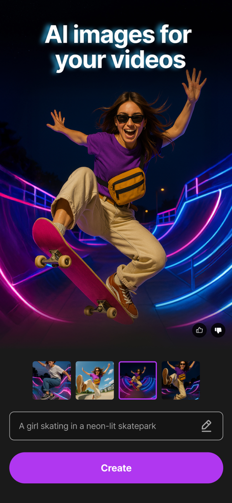 A screenshot of the Video Up app showing the AI text to image generator feature with a girl skating in a neon skatepark.