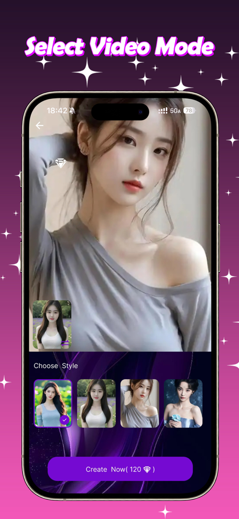 Face Morph AI - Uma captura de tela do aplicativo Face Morph AI mostrando a interface de seleção de modo de vídeo com vários modelos de retrato estéticos e um botão de criação