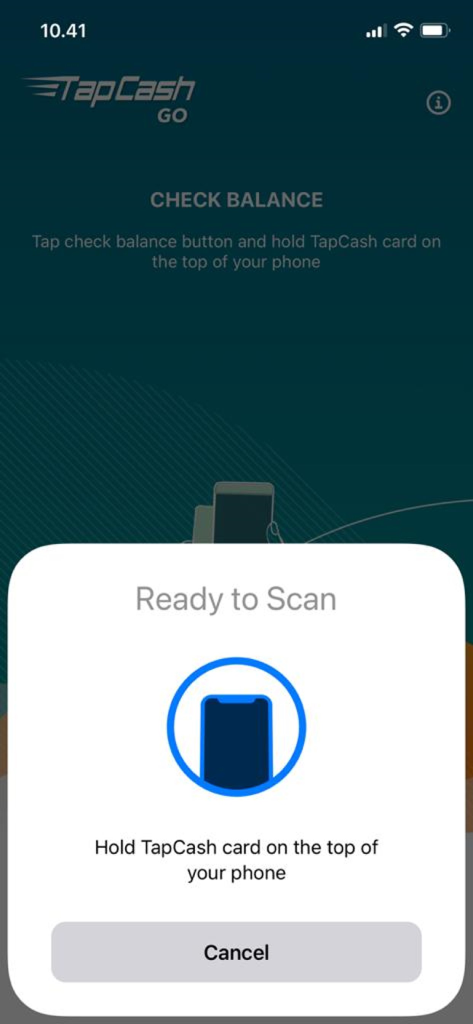 Indicación de escaneo NFC de la aplicación BNI TapCash Go para consultar el saldo de la tarjeta