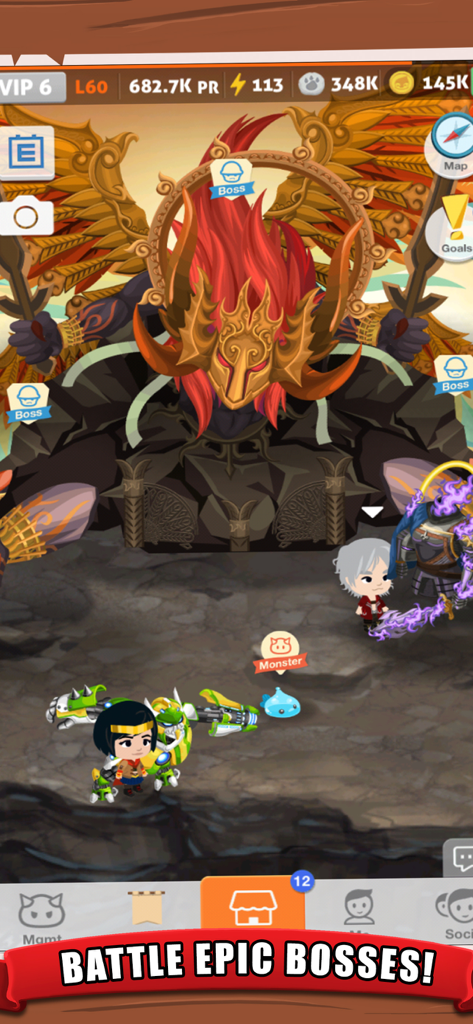 A group of player avatars confronting a massive winged epic boss in the Battle Camp game.