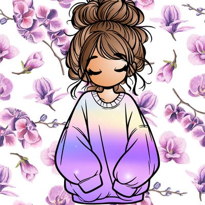 girl with baggy sweatshirt and messy bun