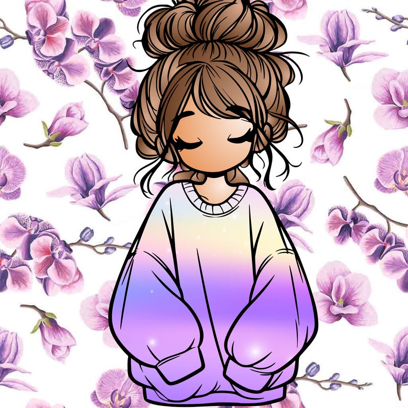 girl with baggy sweatshirt and messy bun