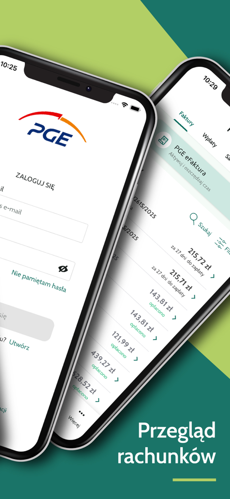 Moje PGE - Moje PGE mobile app interface showing the login screen and a summary of electricity bills and payments