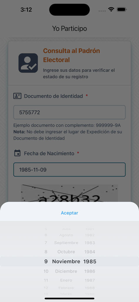Yo Participo Bolivia - Modulo di consultazione del registro elettorale nell'app Yo Participo Bolivia con campi di inserimento del documento d'identità e della data di nascita.