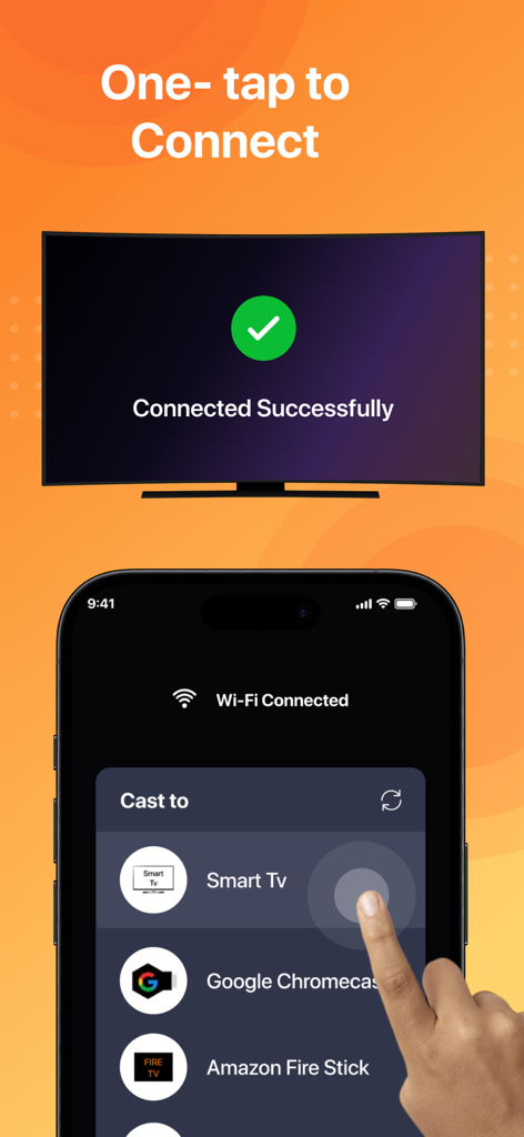 Screen Mirroring : Miracast - Screen mirroring app interface showing a successful connection between an iPhone and a smart TV.