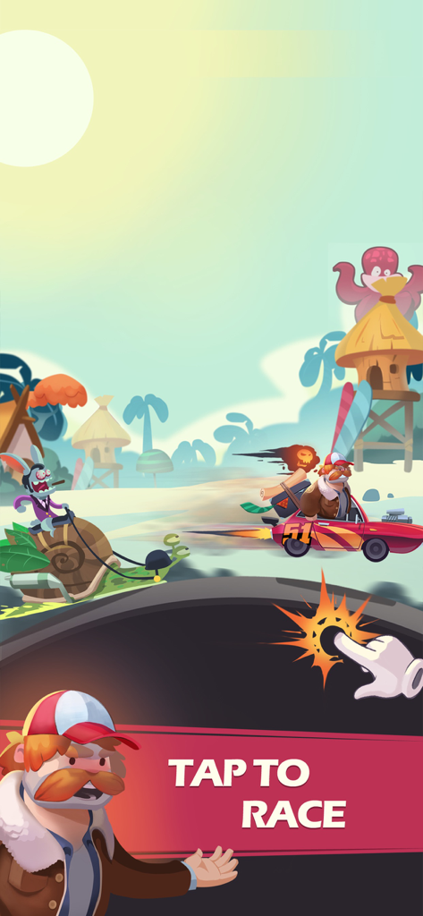 Clicker Racing - Gameplay screenshot of Clicker Racing showing Old Jim in a red race car with a Tap to Race instruction and tapping hand icon.