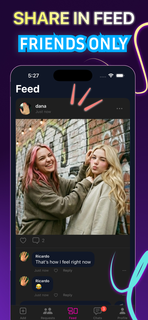 Pinky: Make New Friends - A screenshot of the Pinky app Feed screen showing a photo shared by a friend and a comments section for private interaction.