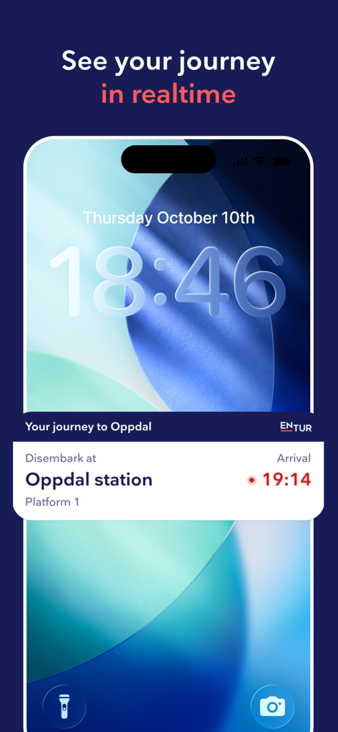 Entur app lock screen notification showing real-time journey updates for Norwegian public transport