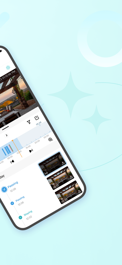 Interfaz de la aplicación móvil Dekco que muestra la reproducción de video de la cámara de seguridad con una línea de tiempo de eventos de movimiento y clips de video guardados.