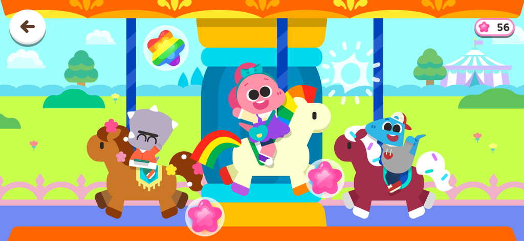 Cocobi Theme Park - Fun game - Mignons dinosaures Cocobi sur un carrousel coloré dans un parc d'attractions