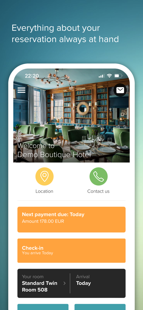 Dashboard der GuestAdvisor-App mit Boutique-Hotelreservierungsdetails und Check-in-Status.