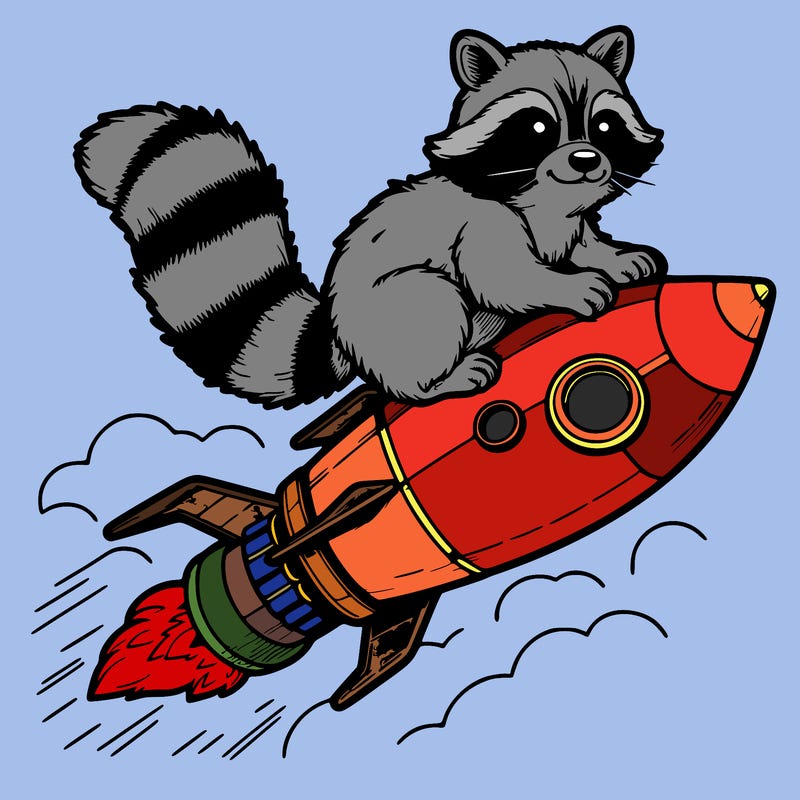 realistic raccoon flying on top rocket ship