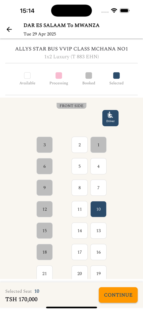 Allys Star Bus - Mobile App-Oberfläche, die eine Live-Sitzplanübersicht für die Auswahl eines Sitzplatzes im Allys Star Bus von Daressalam nach Mwanza zeigt.