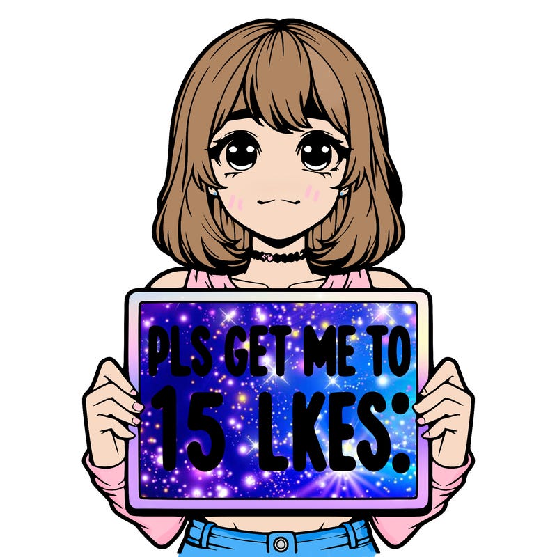realistic girl holding up a sign that says “pls get me to 15 likes!”