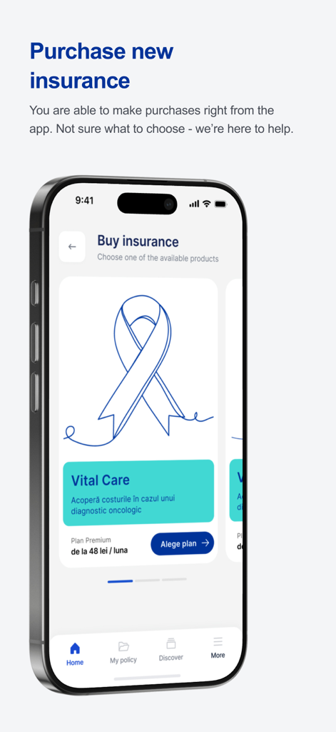 Signal Care Assistant - Schermata dello smartphone che mostra come acquistare un nuovo piano assicurativo Vital Care nell'app Signal Care Assistant