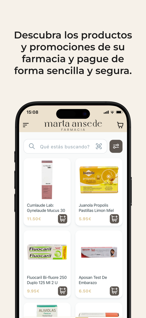 Mobile interface of Farmacia Ansede showing health and wellness products for sale