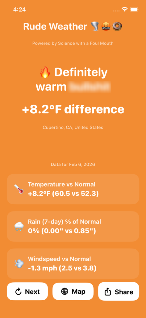 Screenshot of the Rude Weather Daily app interface showing weather departures from normal and satirical text.