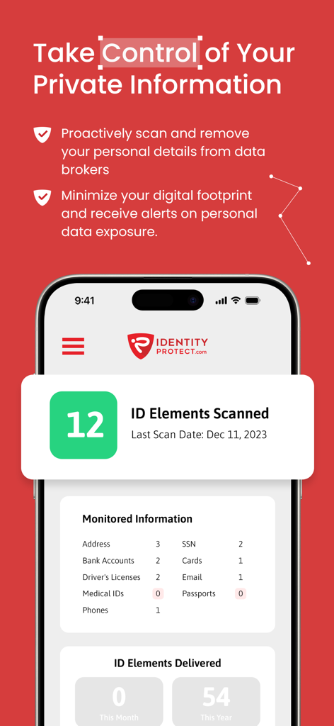 IdentityProtect app interface displaying a summary of monitored personal information and scanned identity elements.