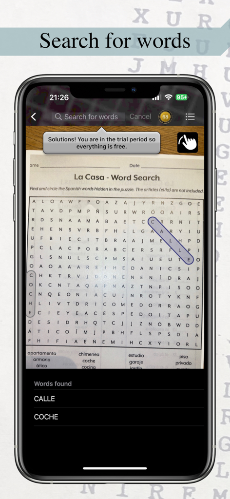 Word Search Scanner and Solver - Una interfaz de aplicación móvil que muestra un puzzle de sopa de letras escaneado con palabras encontradas resaltadas en la pantalla de un iPhone.