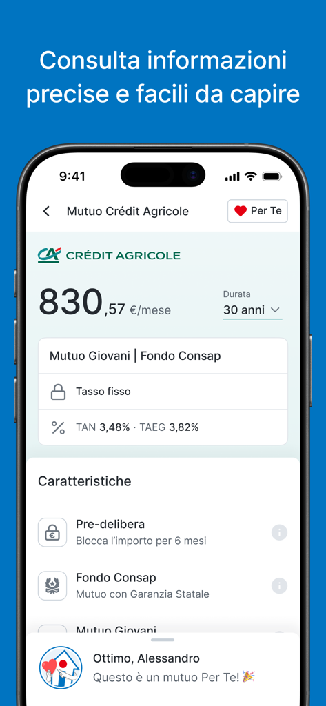 Immobiliare.it Mutui - A smartphone showing the Immobiliare.it Mutui app interface with mortgage details for Credit Agricole including monthly installments and interest rates.