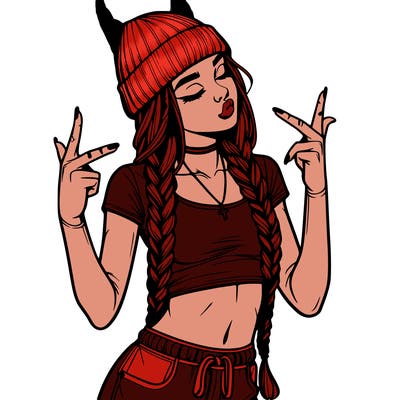 realistic teenage girl with braids and a beanie and crop top doing 🫶🏼